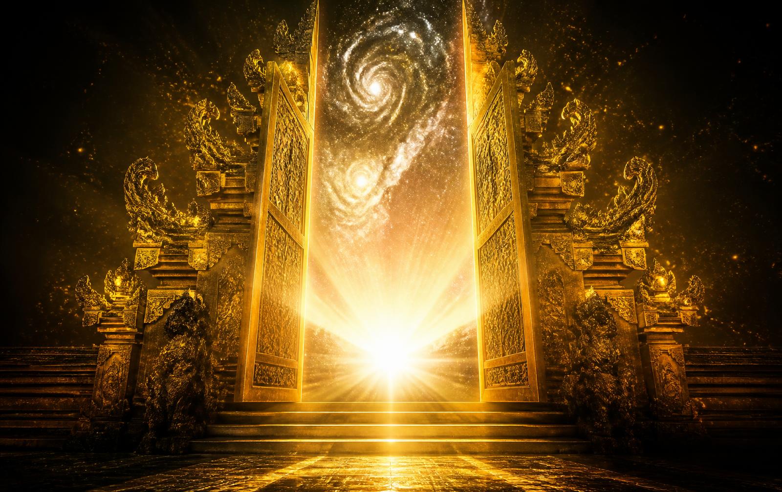 A radiant golden Balinese portal fully open, light flooding outward
