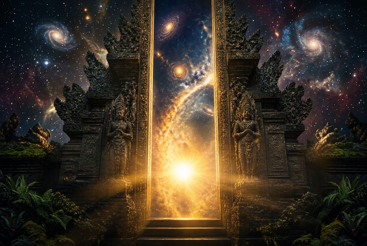 Ornate sacred doorway opening into a cosmic universe with golden light pouring through